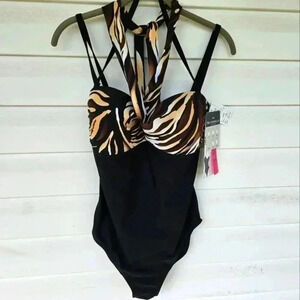 Christina Women's 5 Way Trickster Waist Minimizer Swimsuit Black Tiger Sz 12 NWT
